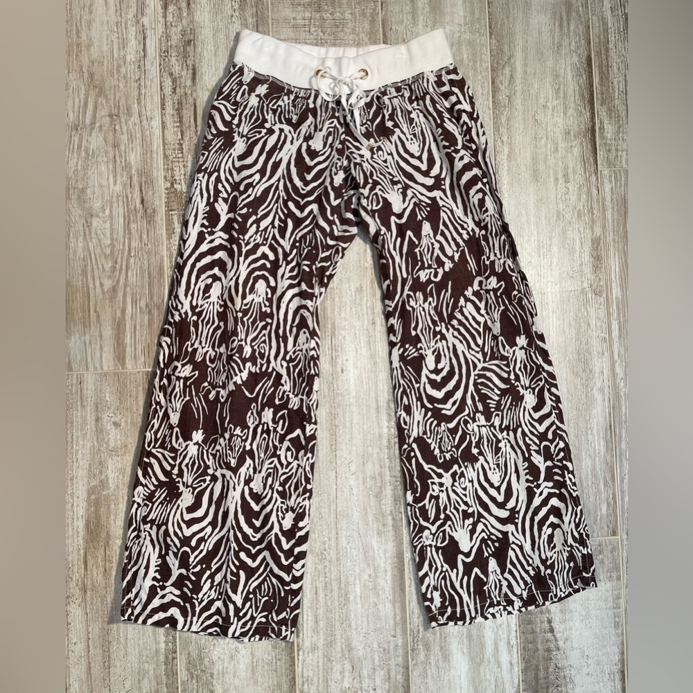 Lilly Pulitzer Beach Pants Wide Leg - Linen Brown Zebra Pull On Comfort